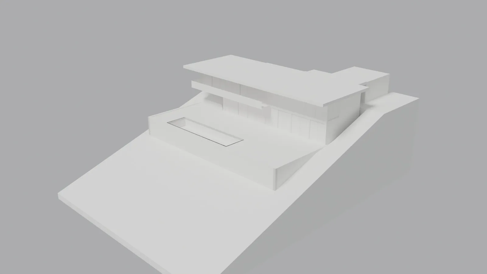 A clay view of the Hillside House on its sloping site: the glazed pavilion with a cantilevered roof, the plinth and pool below, and the garage.