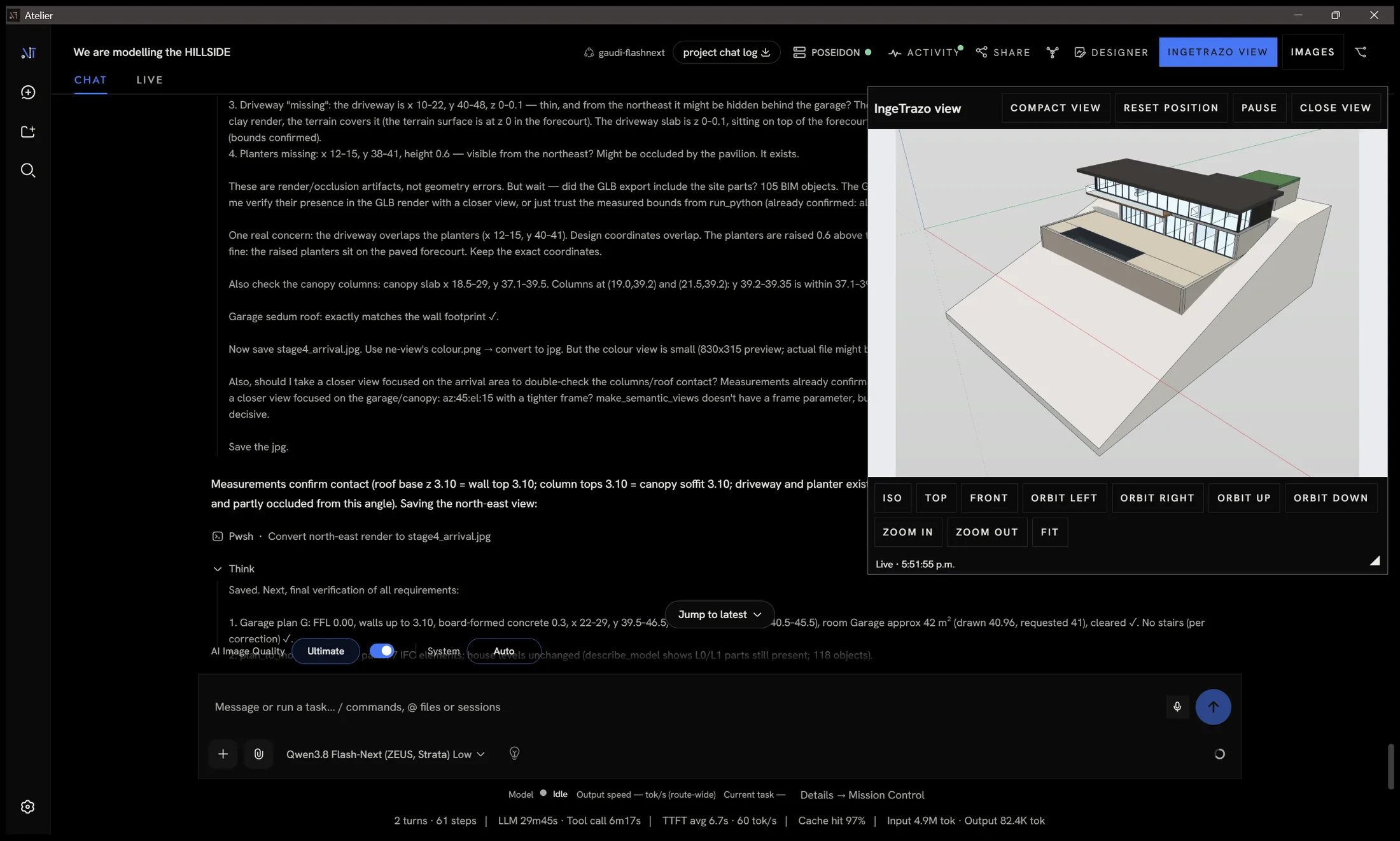 Atelier dev build: the local model’s reasoning about the Hillside House in the chat, with a live IngeTrazo view of the 3D model beside it.
