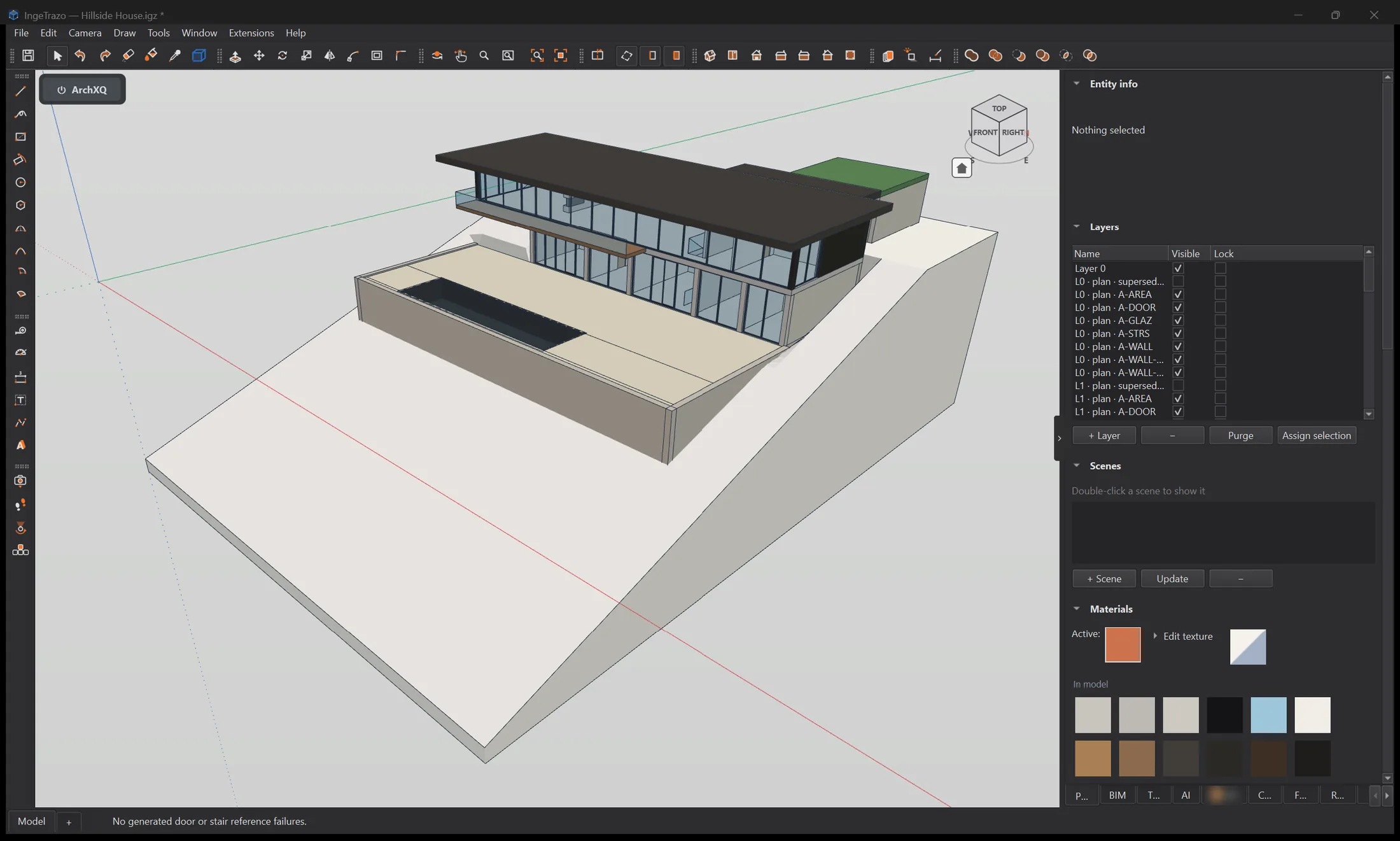 The Hillside House model in IngeTrazo, with the drawing-first layers listed: L0 plan A-AREA, A-DOOR, A-GLAZ, A-STRS, A-WALL, then L1.