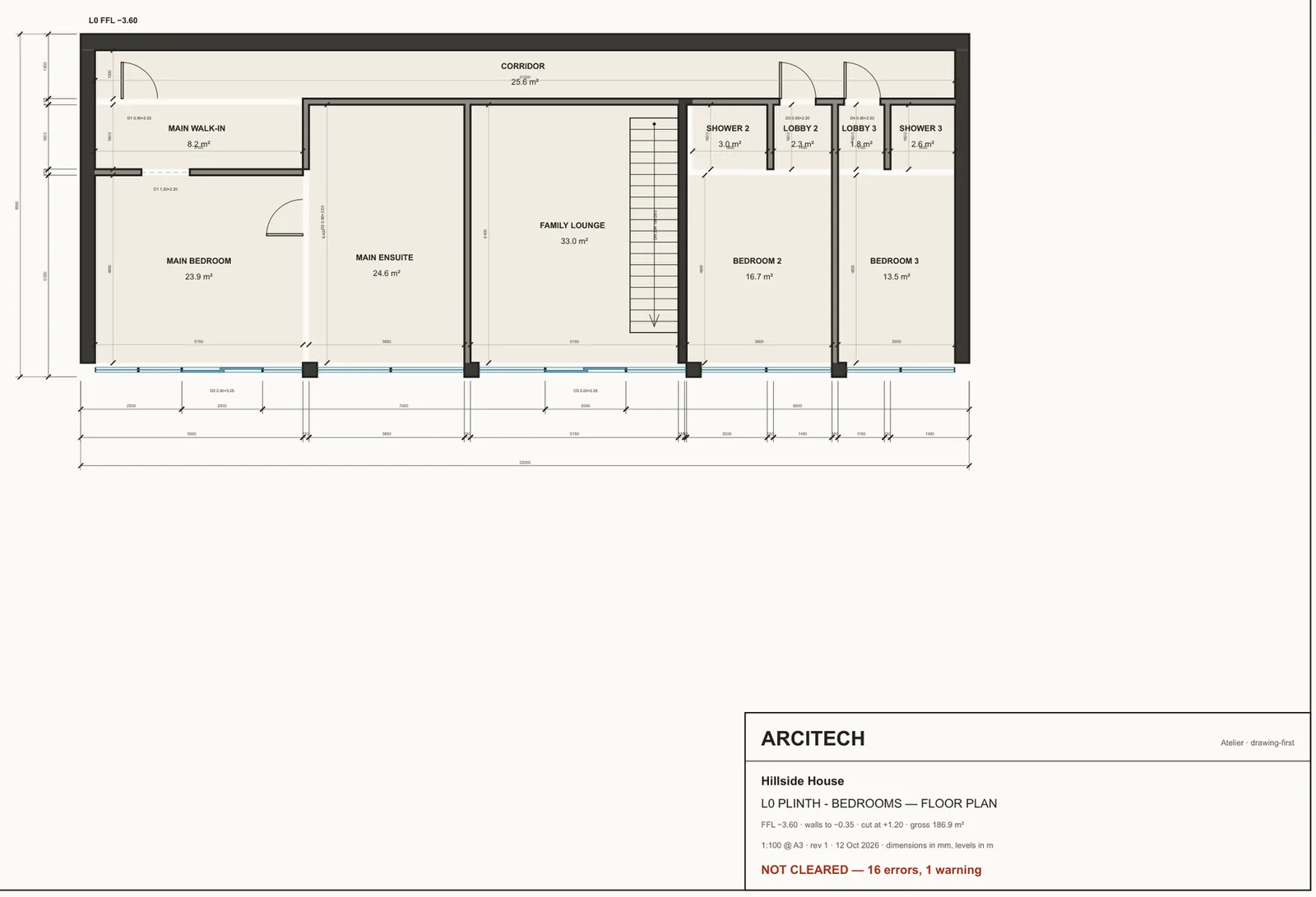 Hillside House lower-level plan, revision 1, marked not cleared with 16 errors and 1 warning.