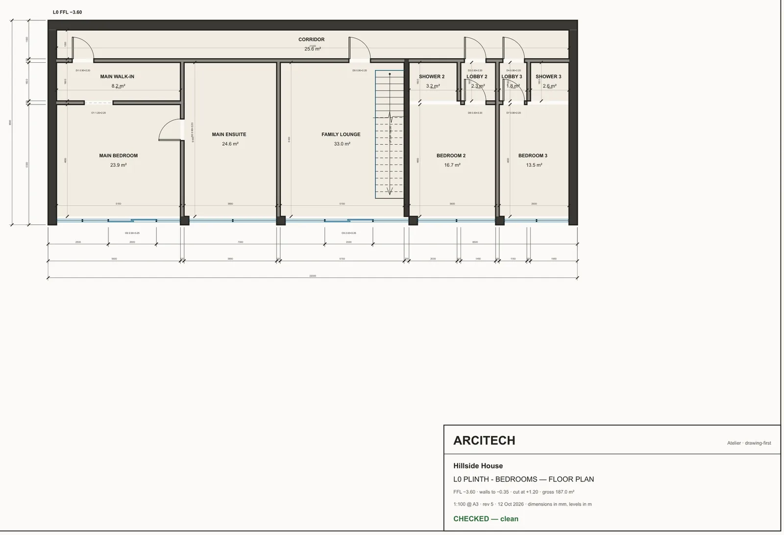 Hillside House lower-level plan, revision 5, marked checked and clean.