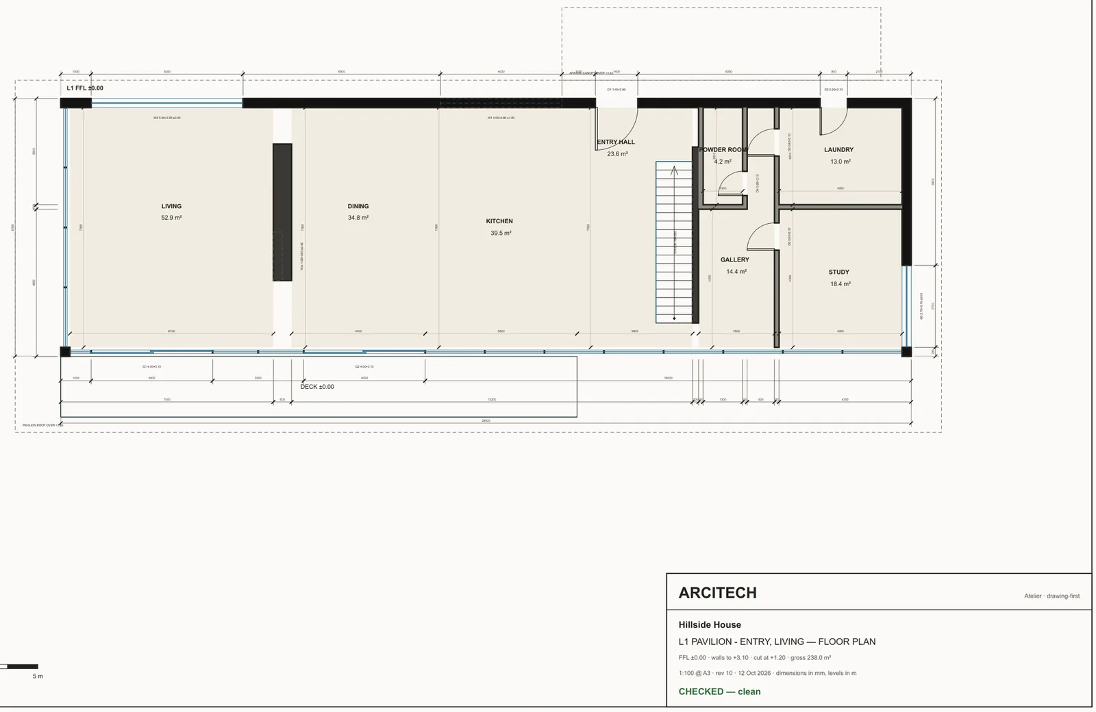 Hillside House entry-level plan with living, dining, kitchen, entry hall, study and laundry, revision 10, checked and clean.