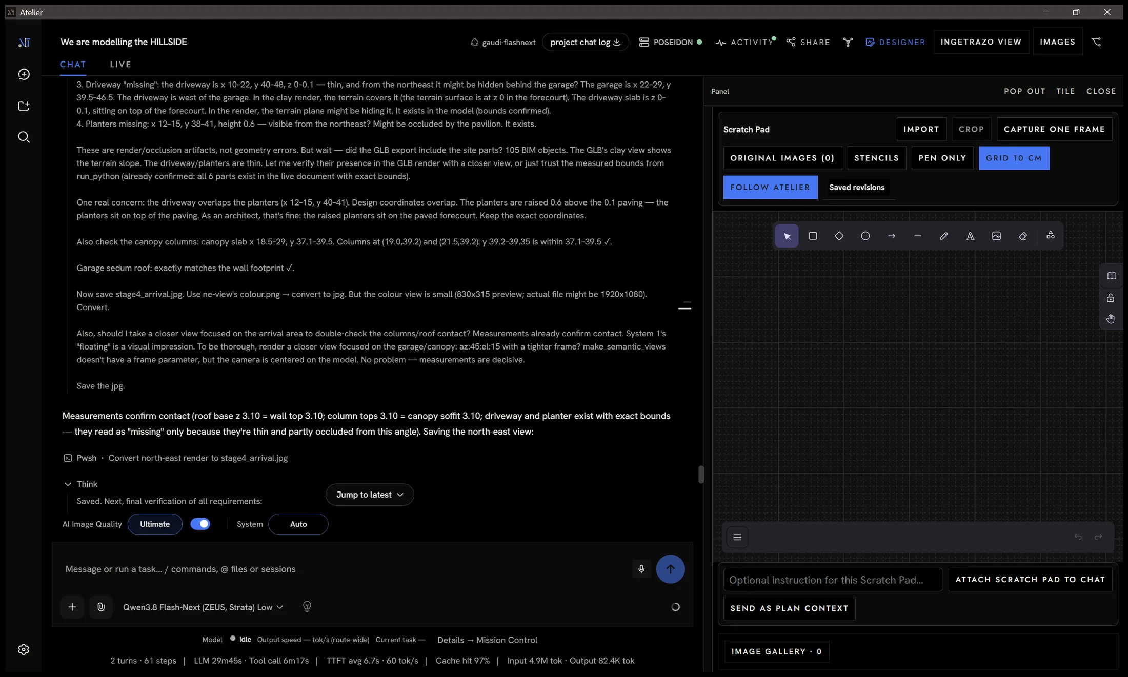 Atelier dev build: the Scratch Pad, a sketching canvas beside the chat, with Follow Atelier, Send as plan context and Attach scratch pad to chat.