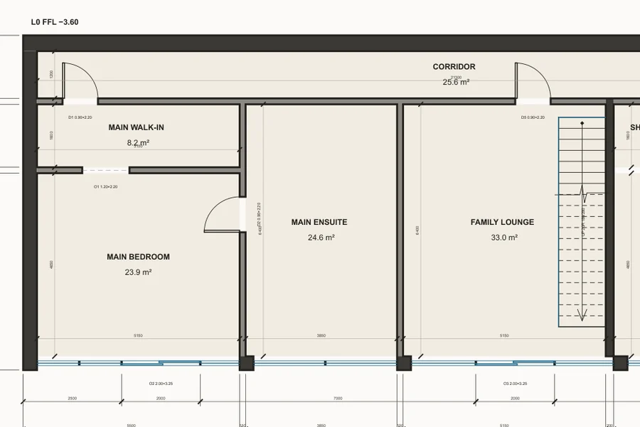 Part of a 1:100 floor plan of the Hillside House bedroom level, with room names, areas, doors and dimension strings.