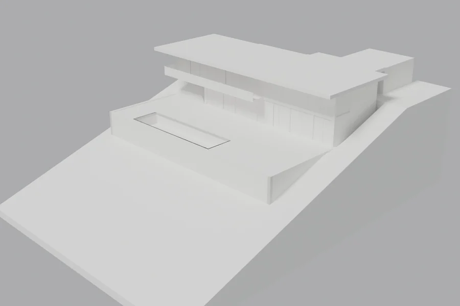 A white 3D model of Hillside House on its sloping site: the pavilion over the plinth, a pool terrace and retaining walls.