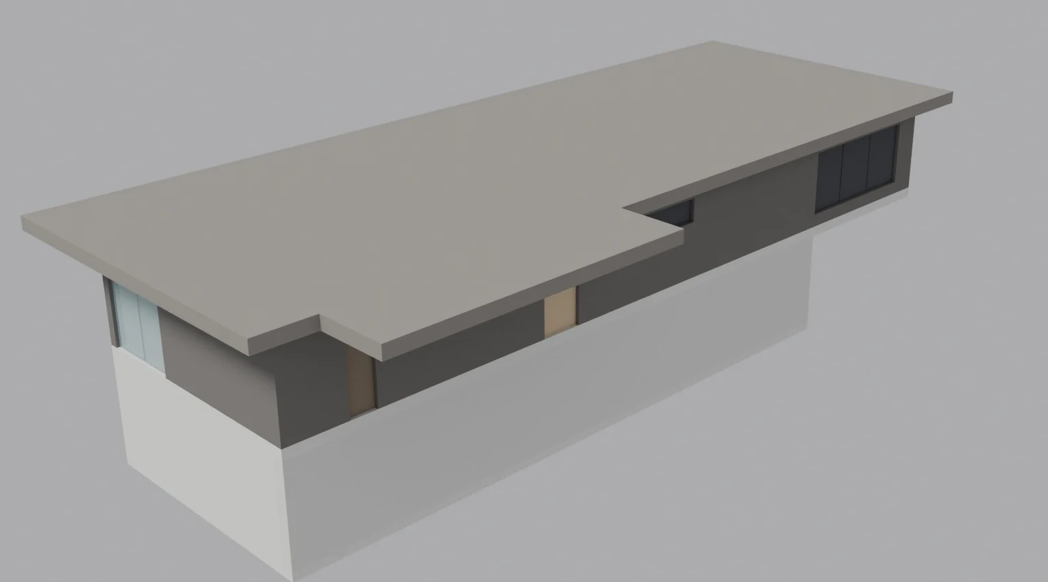 A plain grey 3D model of the same street-level pavilion: a long flat roof over dark walls, glass, an oak entry door and windows, sitting on a light plinth.
