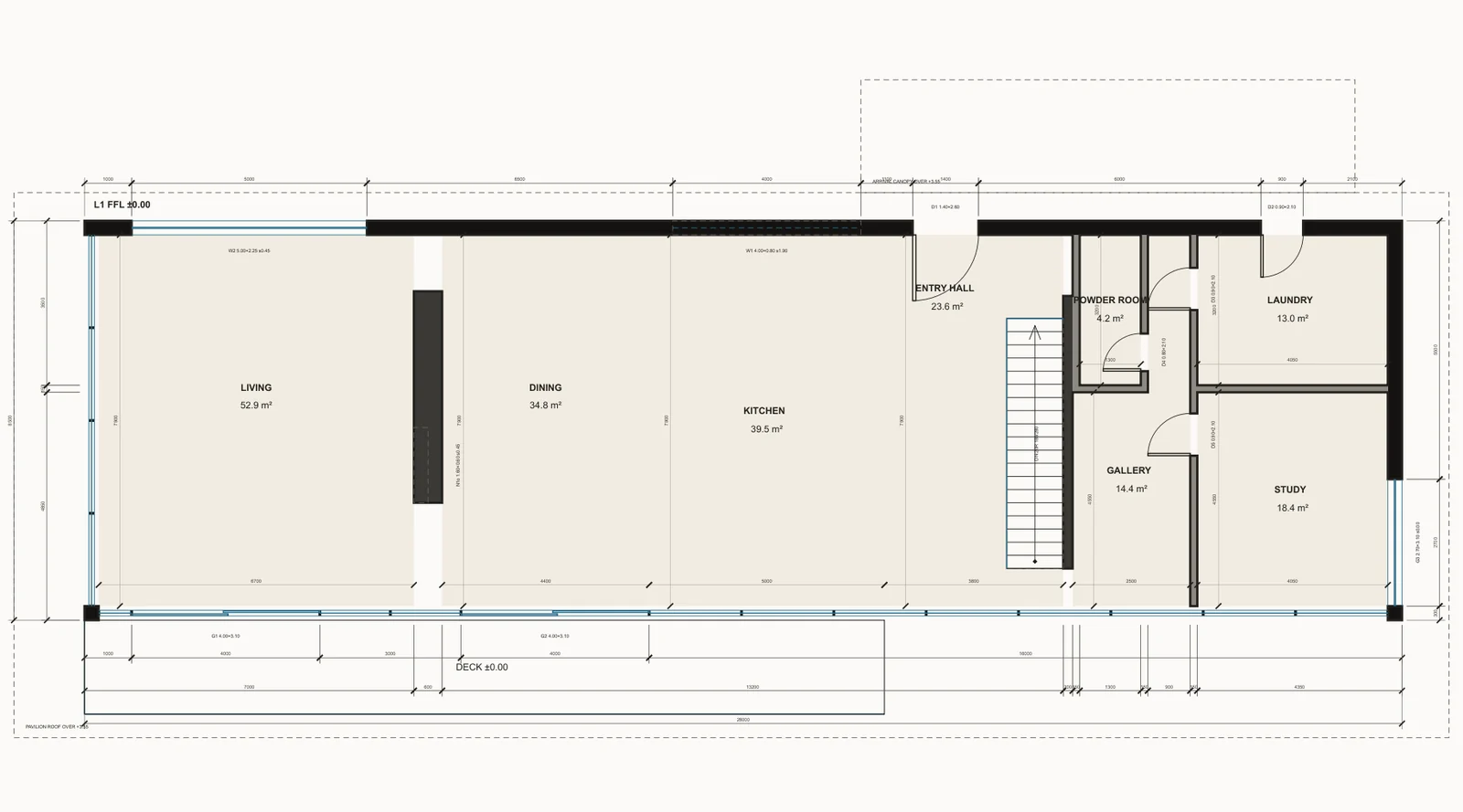 A 1:100 floor plan of the Hillside House street level: living, dining, kitchen, entry hall with stair, powder room, laundry, gallery and study, with dimensions and room areas.