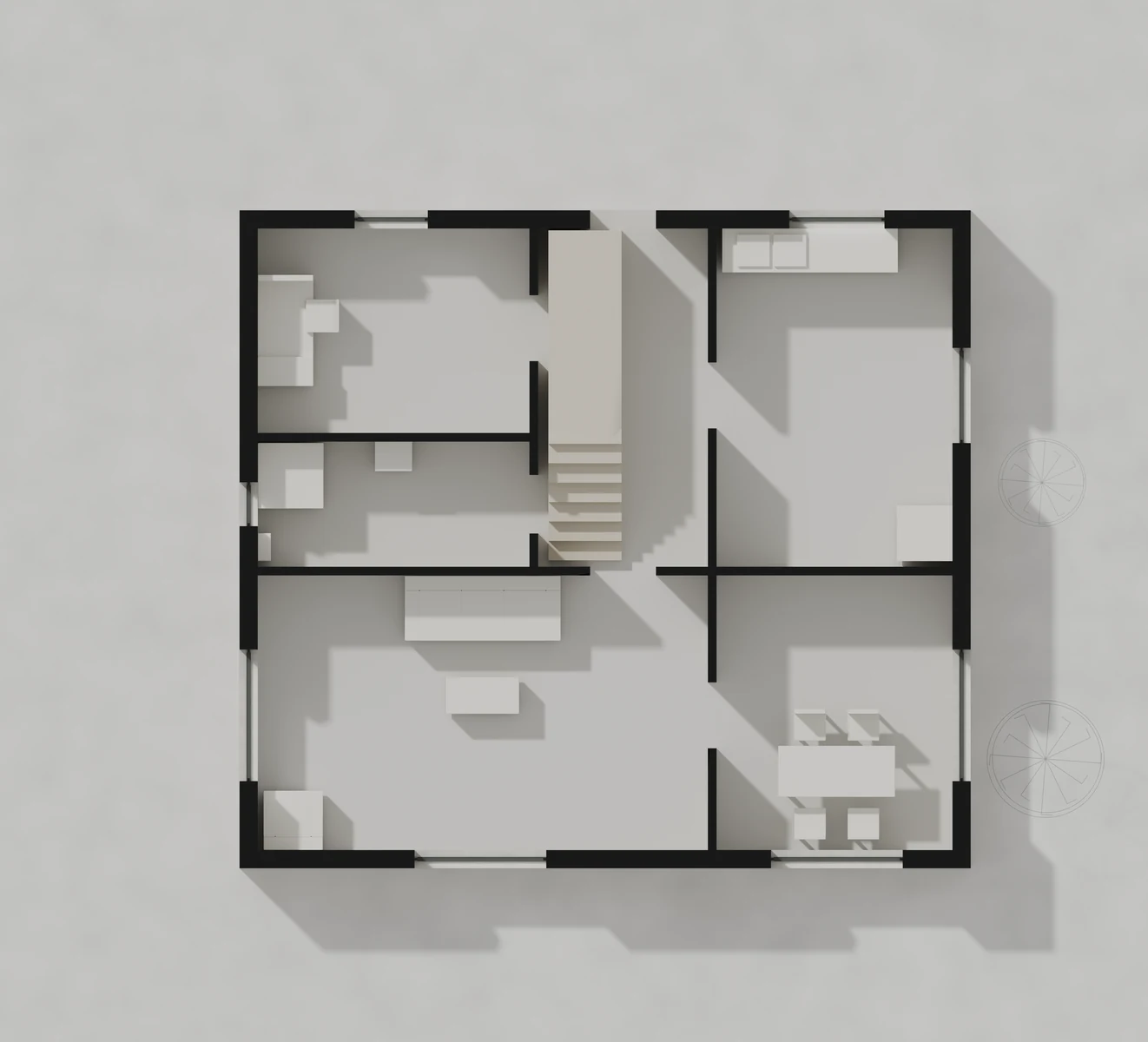 A rendered floor plan with black walls, soft shadows and simple furniture.