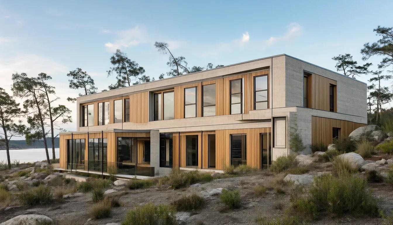 A two-storey house of concrete and timber on a rocky lakeside site, photoreal.