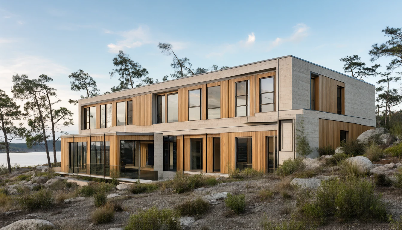 A concept render of a two-storey house in pale stone and oak above a lake.