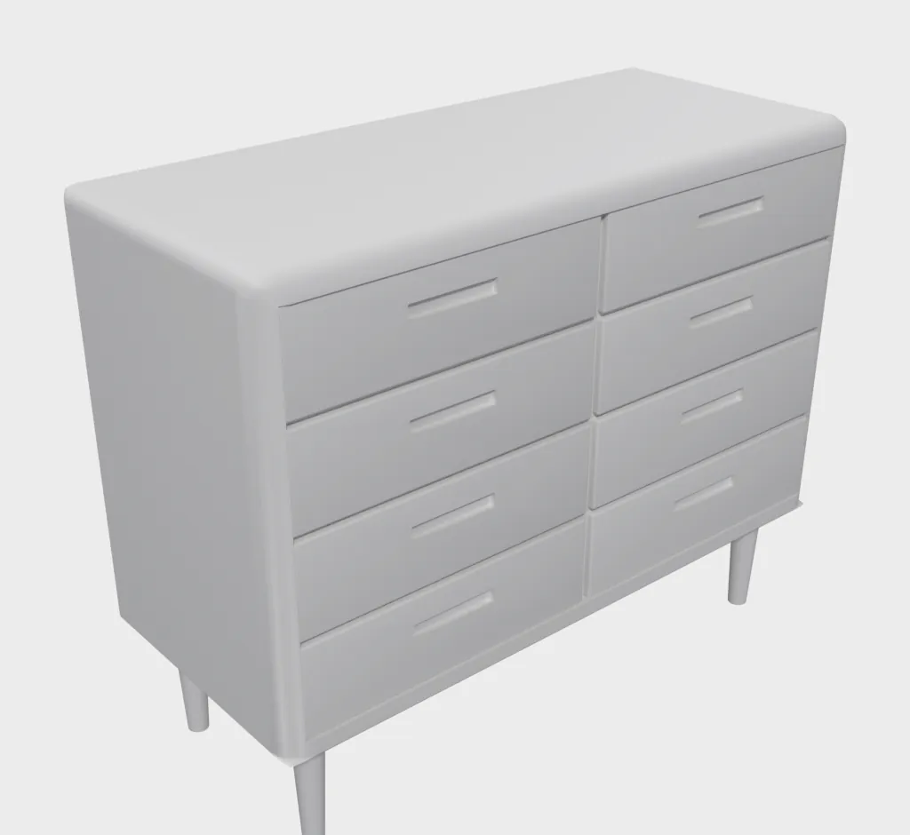 The rebuilt dresser shown in plain grey, without materials.