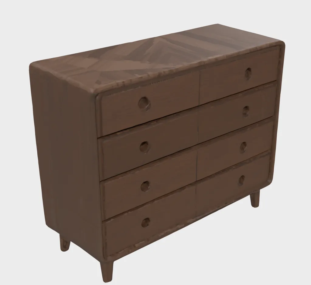 A walnut dresser as first modelled from an image, with uneven panels and round pulls.