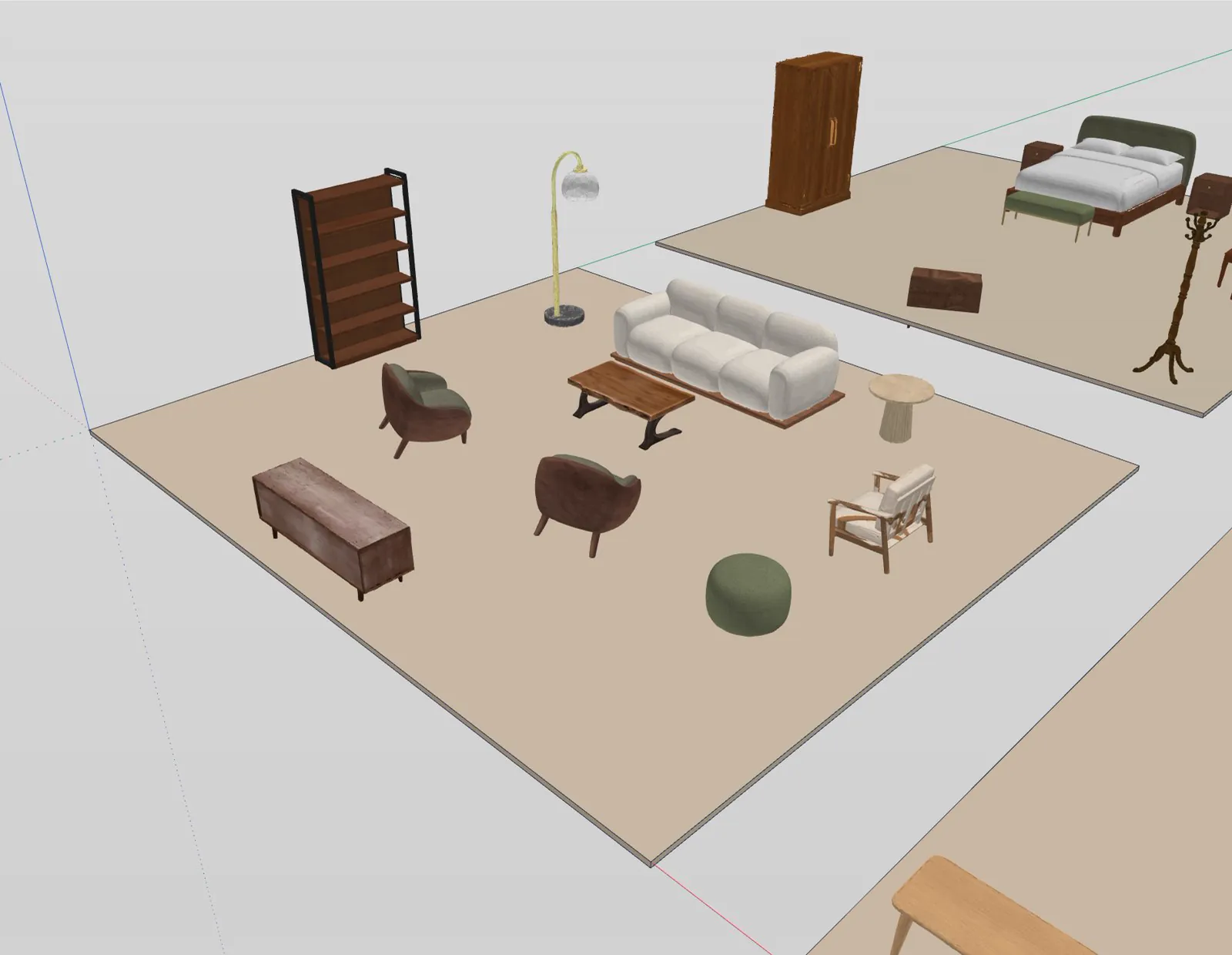 A living area in IngeTrazo furnished with the 3D pieces: a sofa, lounge chairs, a coffee table, a bookcase and a floor lamp on a rug.