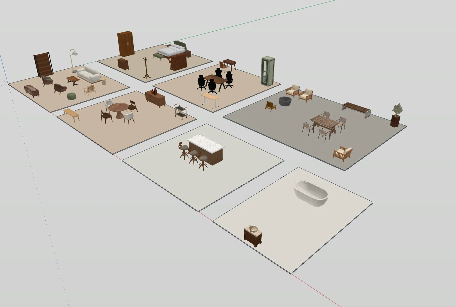 An overview in IngeTrazo of seven furnished areas: living, dining, kitchen, bedroom, office, terrace and bath.