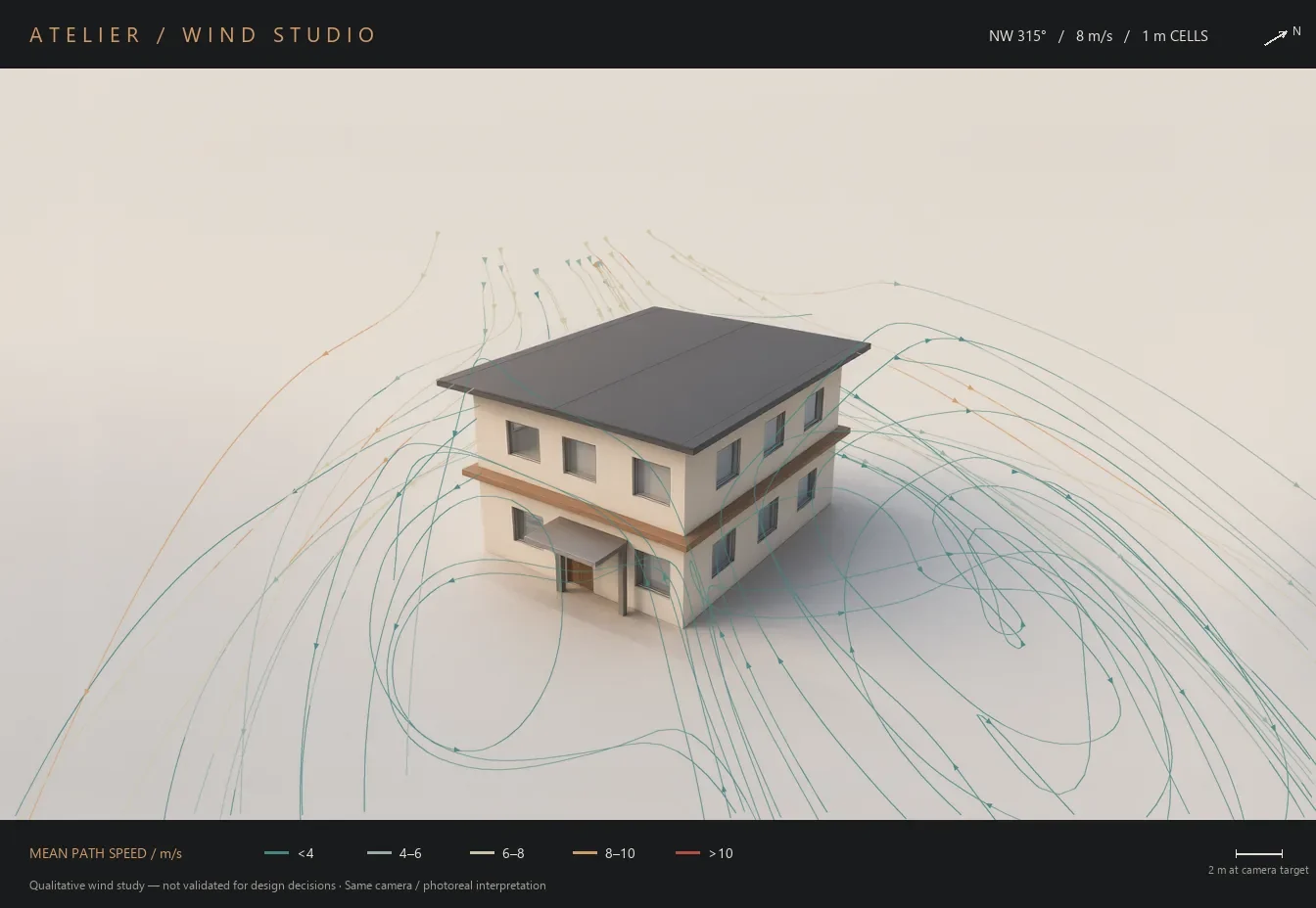 Wind streamlines around a two-storey house, coloured by speed.