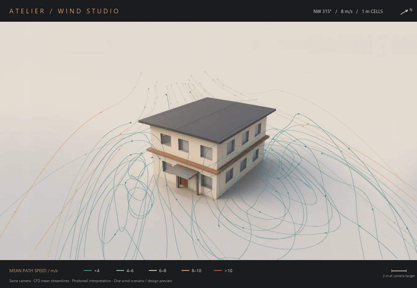 A render of a house with coloured wind streamlines curving around it.