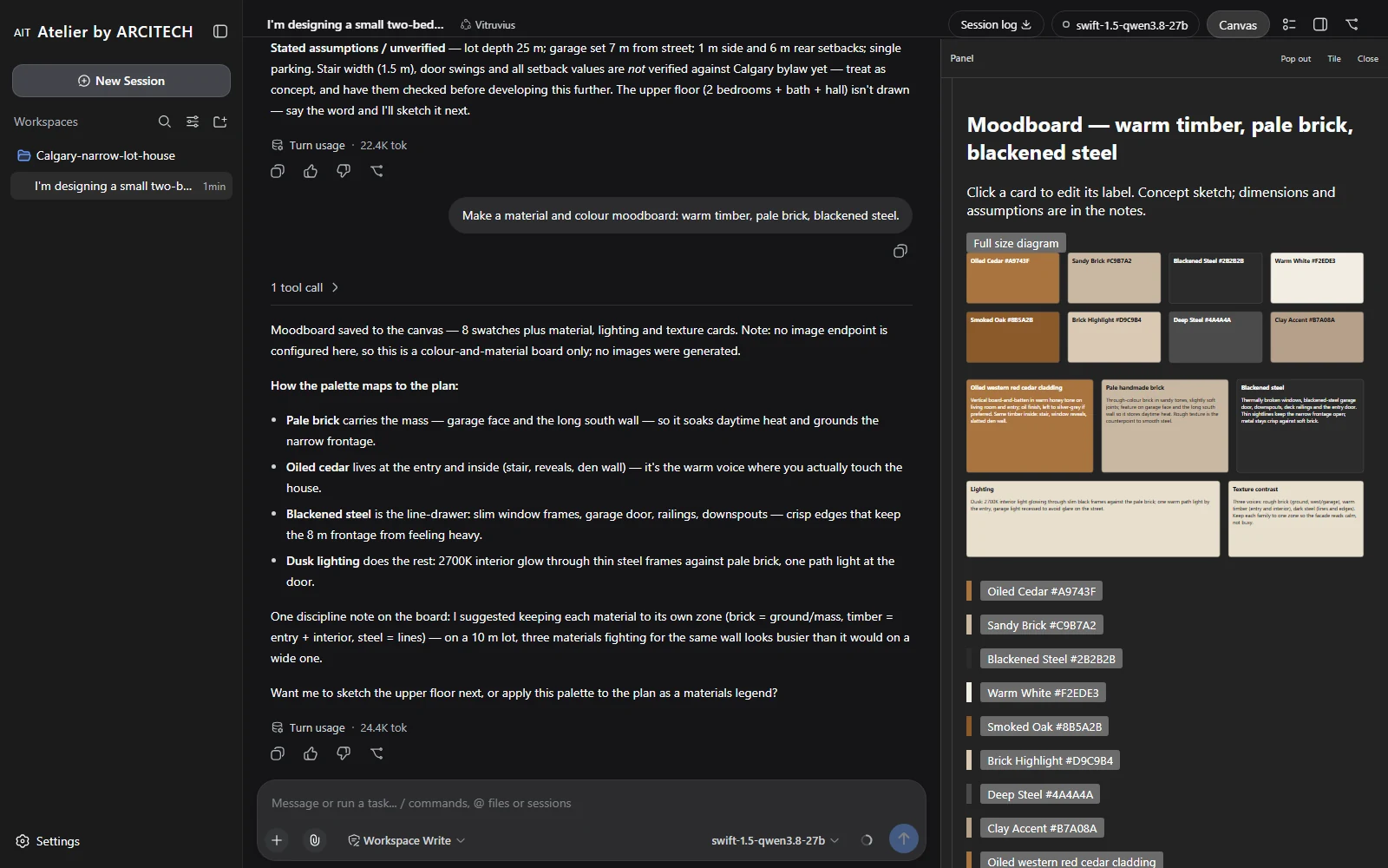 The Atelier workspace: a project chat with Vitruvius explaining a material palette for a narrow-lot house, and the canvas beside it showing a moodboard of colour swatches and material cards for oiled cedar, pale brick and blackened steel.