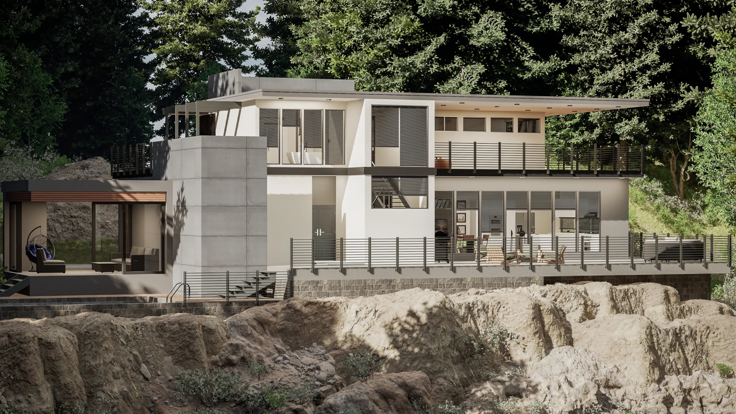 Mountain Bliss: a house set into the mountainside, seen from the valley